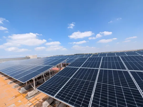 מערכת פאנלים סולאריים על גג מסחרי עם שמיים כחולים