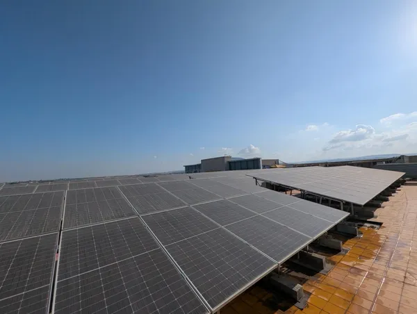 שורות של פאנלים סולאריים על גג מסחרי גדול